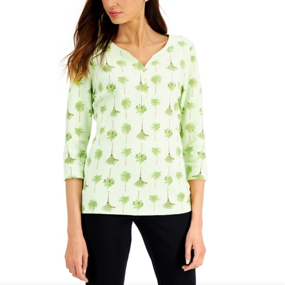 Karen Scott Calm Aloe Palm Tree Print 3/4 Sleeves Top. Size L - Picture 1 of 17